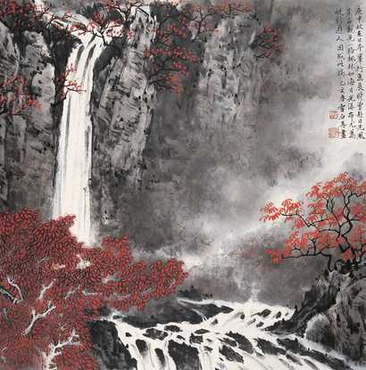 白雪石 乙亥（1985年）作 枫林落瀑图 立轴
